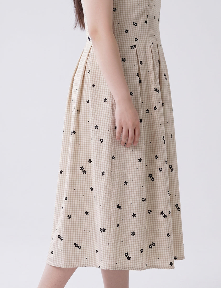 Floral Check Pleated Flare Plus Size Maxi Dress