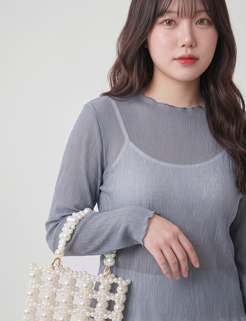 MISS. Ethereal Crinkle Sheer Mock-Neck Plus Size Top