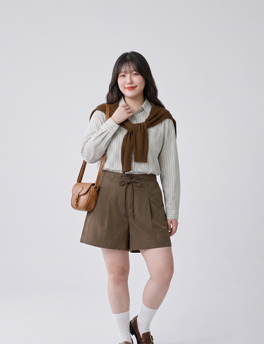 Contrast Stripe Long Sleeve Plus Size Shirt (With Shawl)