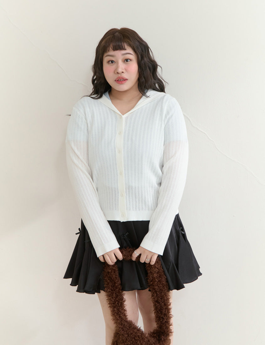 Openwork Knit Hooded Button-Up Plus Size Long Sleeve Cardigan