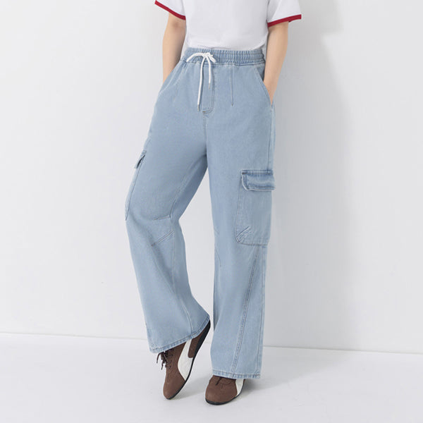 Washed Elastic Waist Plus Size Denim Cargo Pants