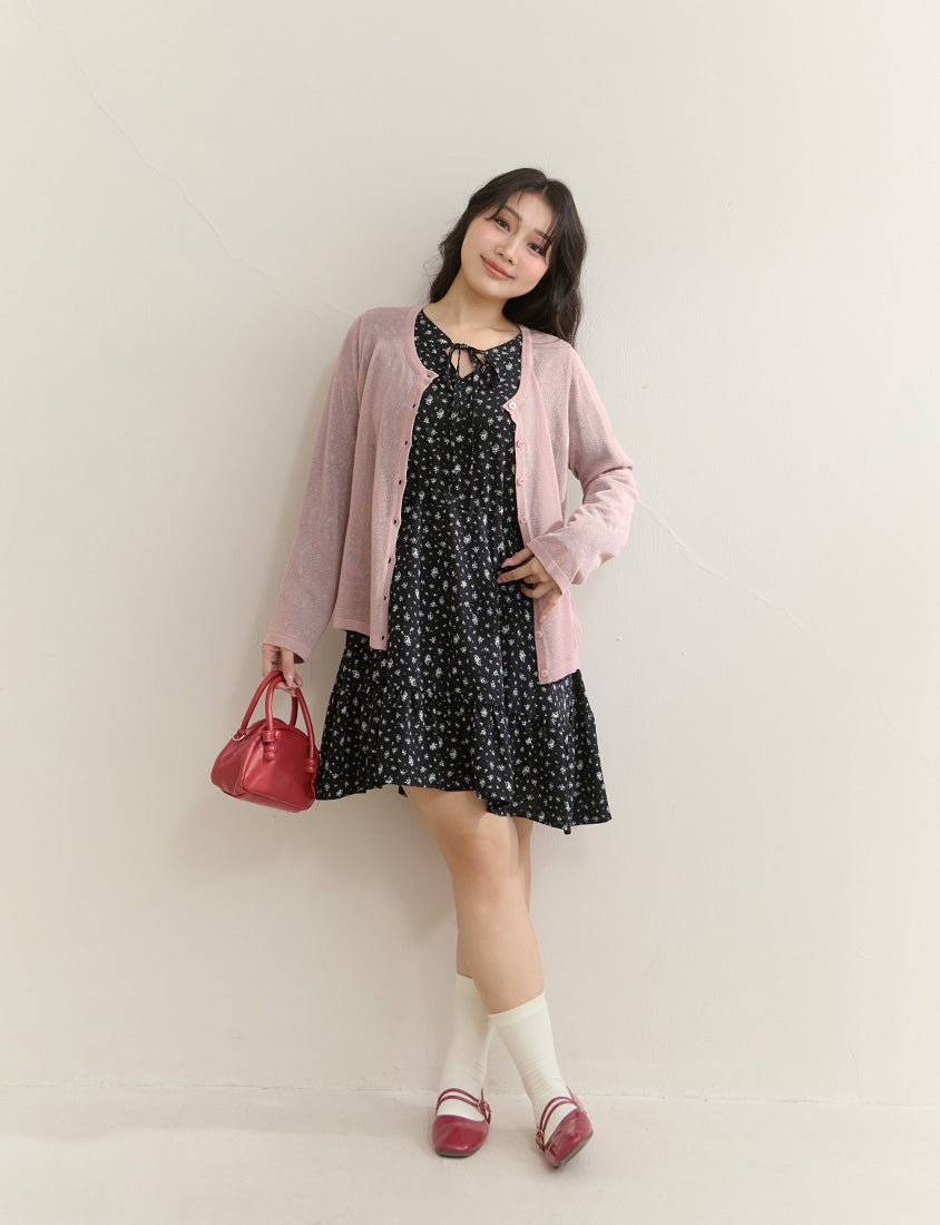 Early Spring Floral Tie-Front Long Sleeve Plus Size Mini Dress
