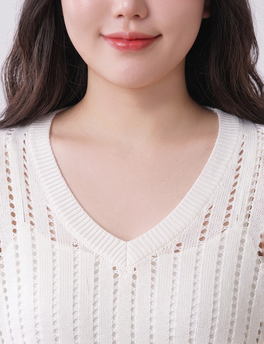 V-Neck Openwork Ribbed Knit Long Sleeve Plus Size Top