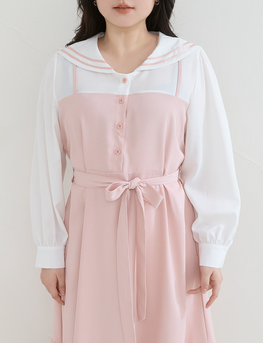Contrast Sailor Collar Faux Two Piece Plus Size Maxi Dress (With Waist Tie)