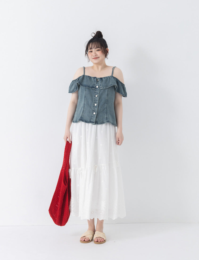 Tencel Silky Denim Ruffle Plus Size Off-Shoulder Top