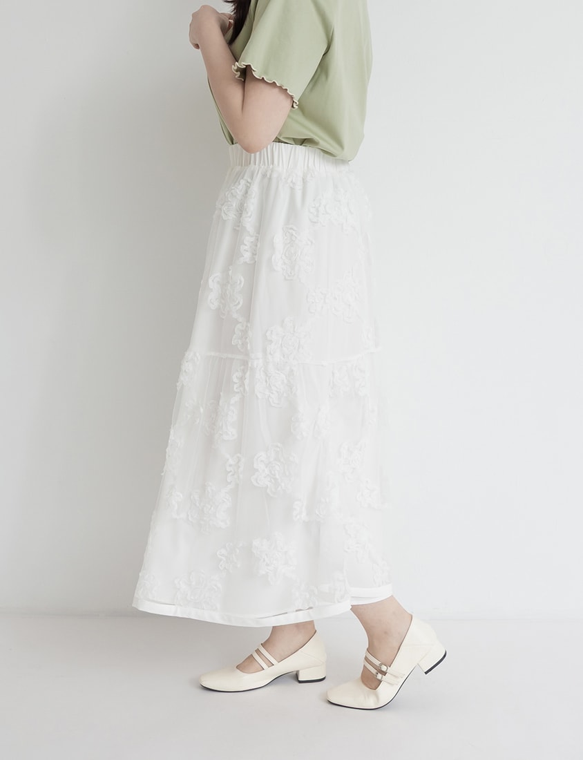 3D Floral Tiered Mesh Plus Size Maxi Skirt