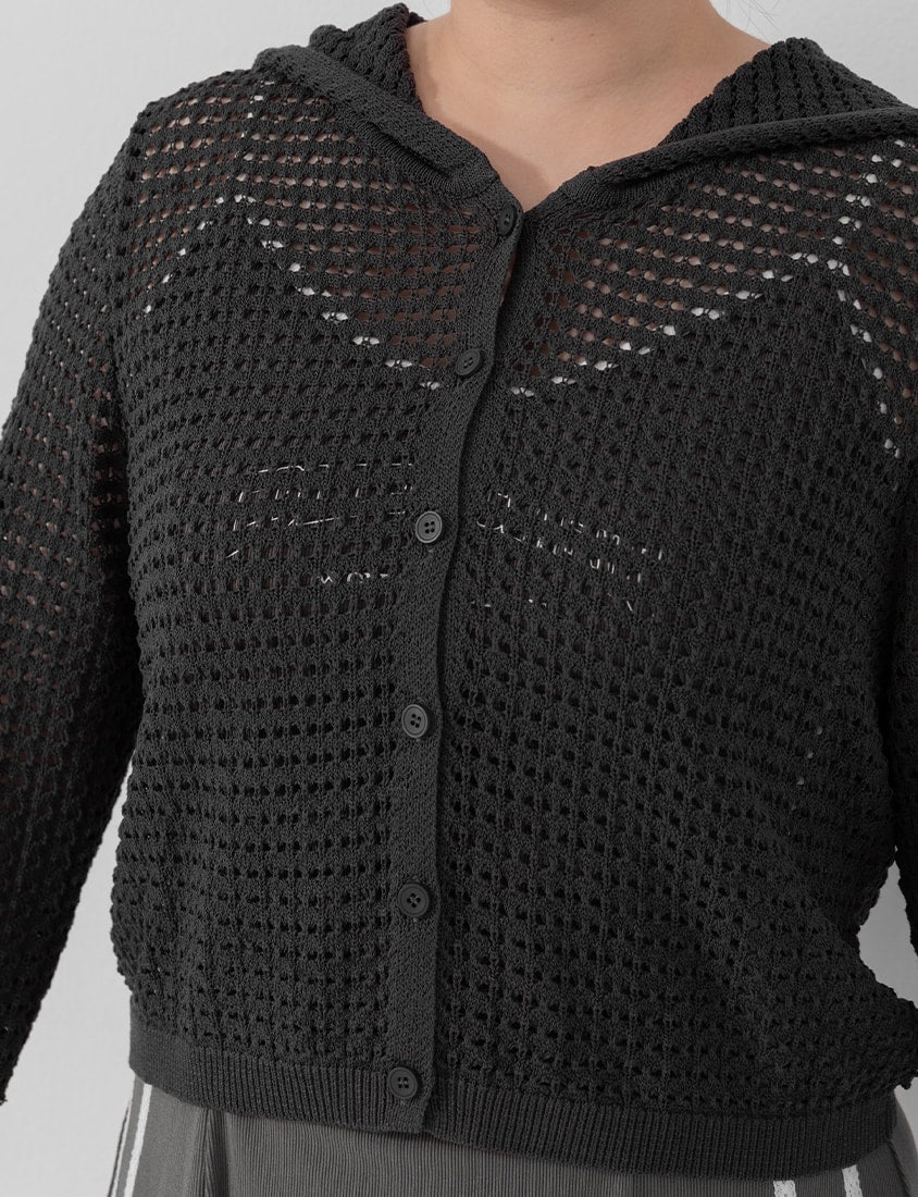 Ice Silk Button-Up Hooded Plus Size Knit Cardigan