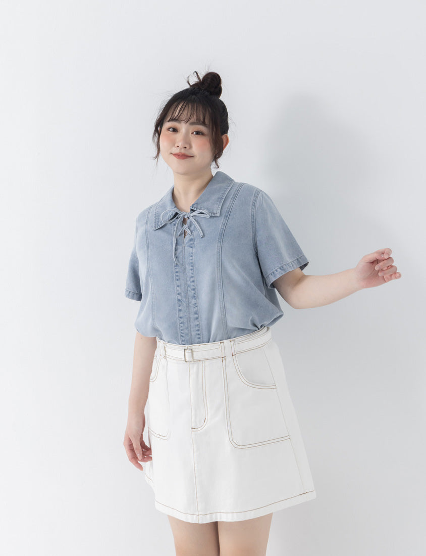 Tencel Silky Denim Tie-Front Collar Plus Size Top