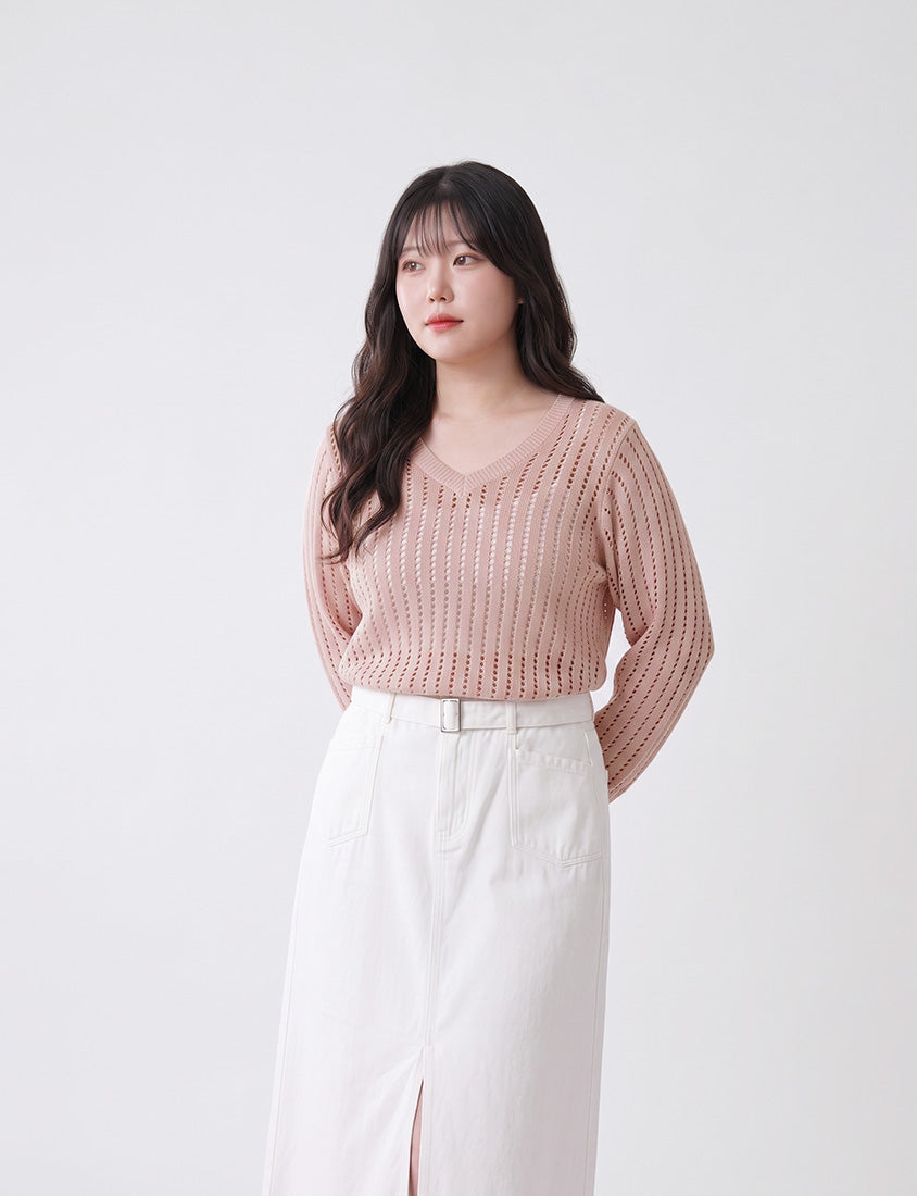 V-Neck Openwork Ribbed Knit Long Sleeve Plus Size Top