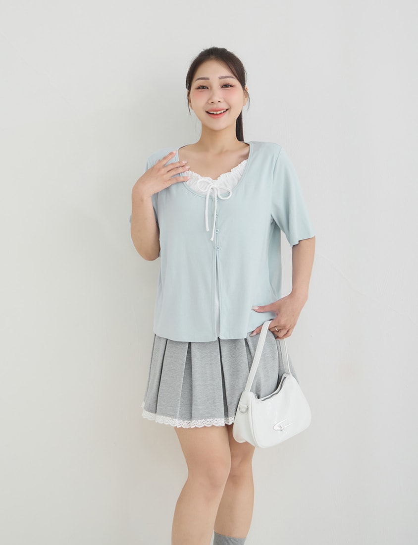 Korean Style Lace Trim Faux Two Piece Plus Size Top