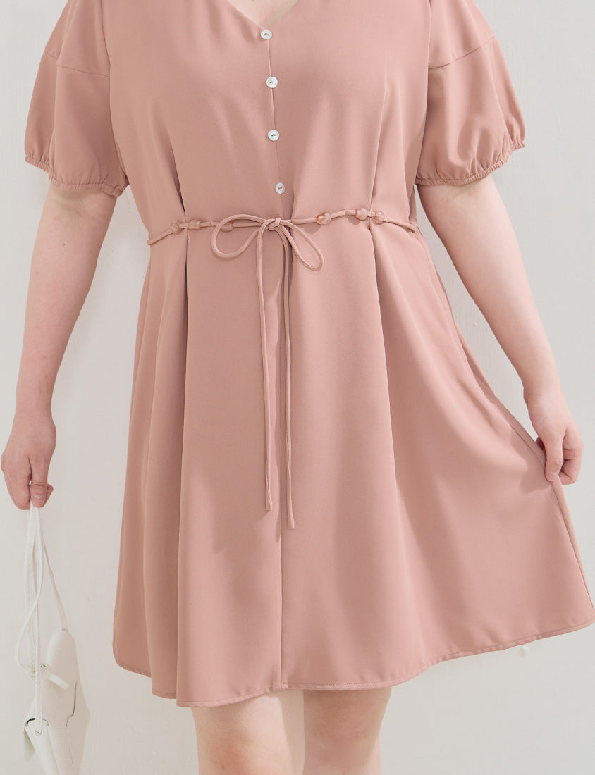 Faux Button Beaded Drawstring V-Neck Plus Size Mini Dress
