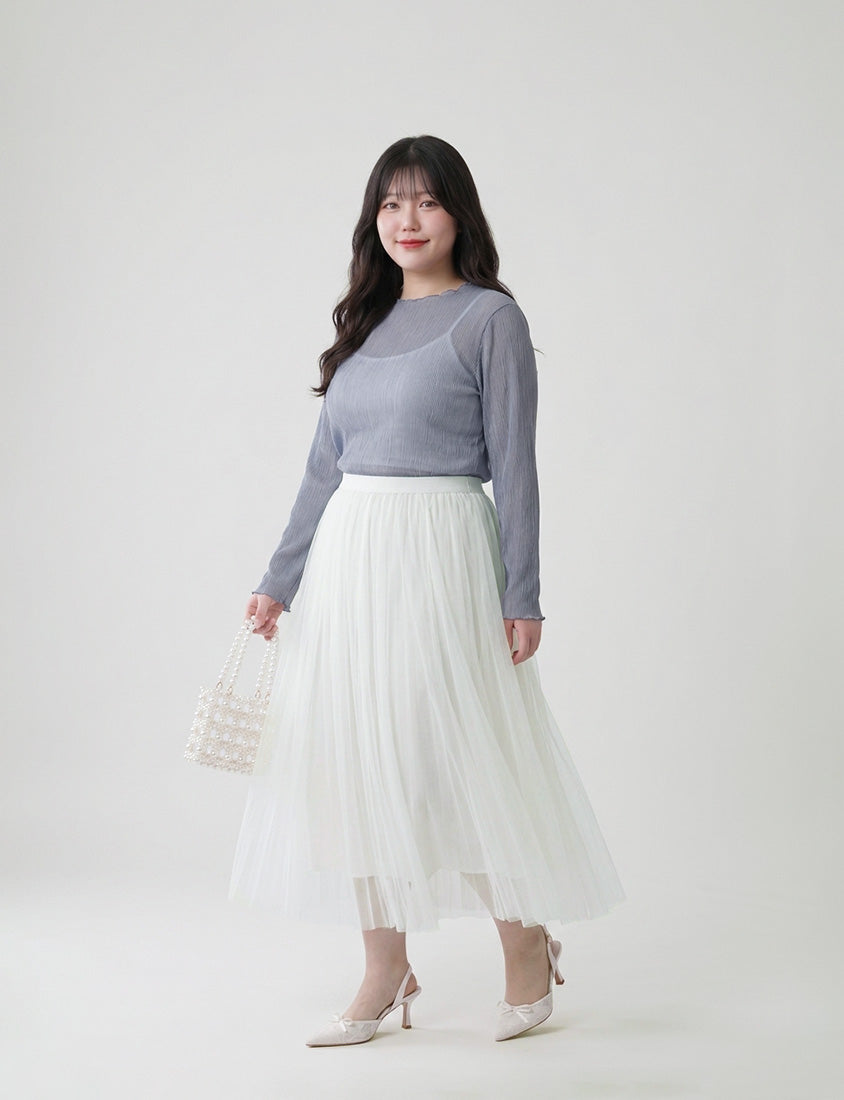 MISS. Ethereal Crinkle Sheer Mock-Neck Plus Size Top