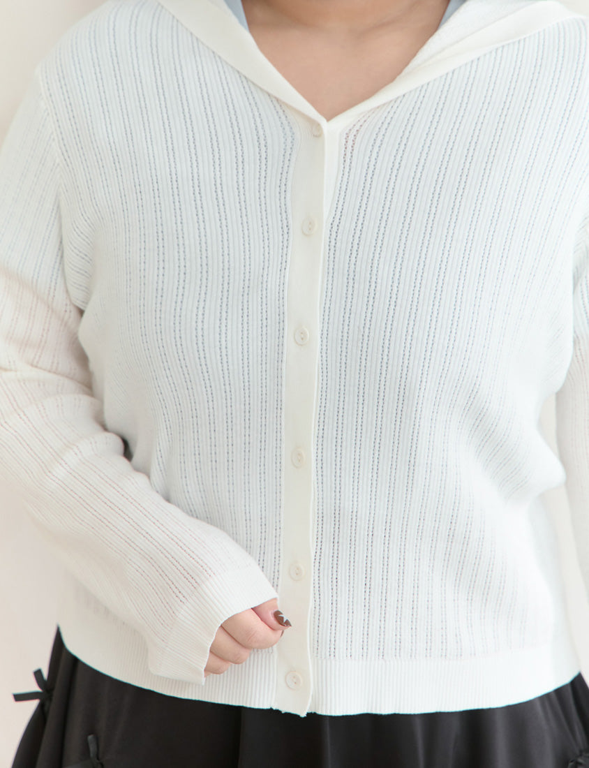 Openwork Knit Hooded Button-Up Plus Size Long Sleeve Cardigan