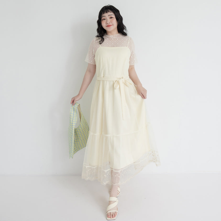 Romantic Adjustable Mesh Plus Size Cami Maxi Dress