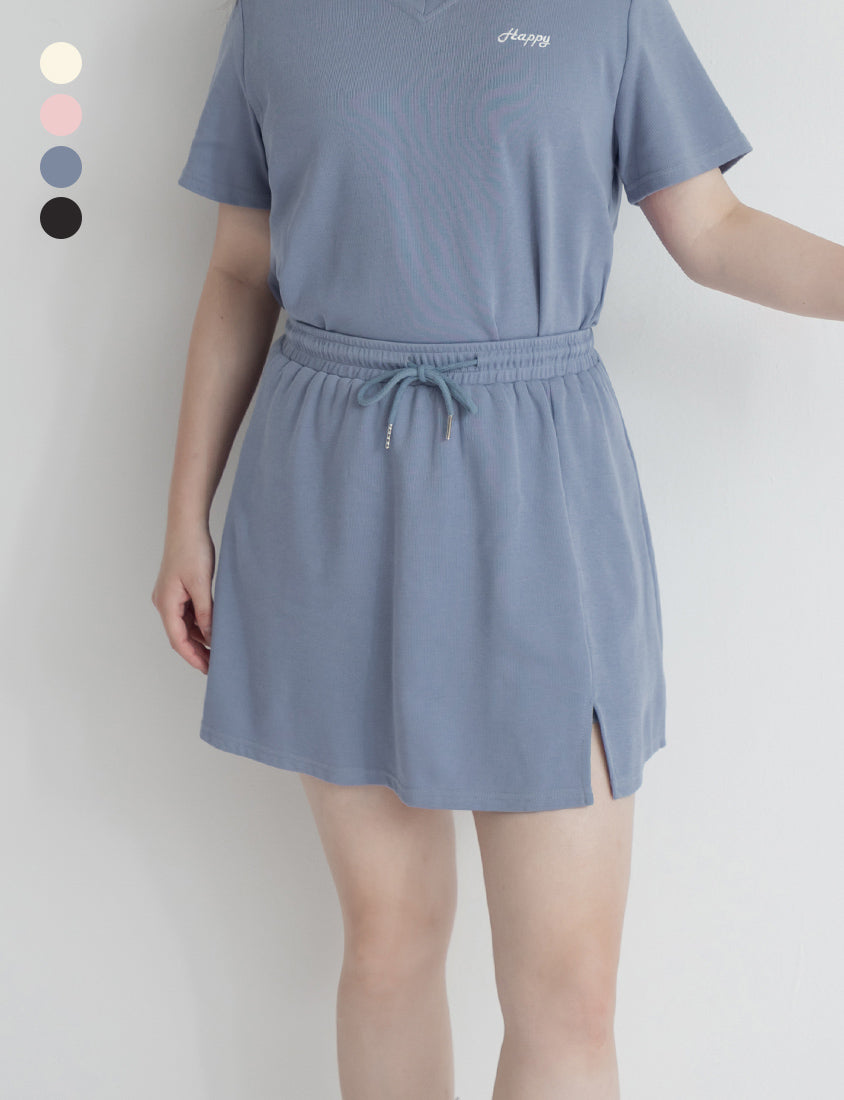 Soft Stretch Cotton Side Slit Drawstring Plus Size Mini Skirt