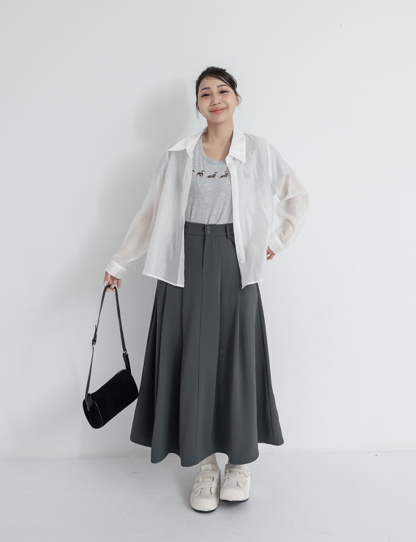 High Waist Double Button Pleated Chiffon Plus Size Skirt