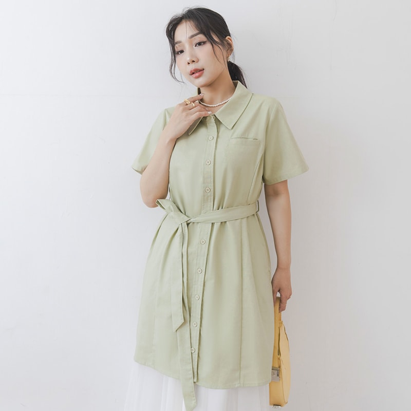 MISS. Korean-Style Button-Front Contrast Stitch Plus Size Dress (with Waist Tie)