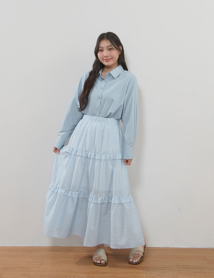 Japanese Style Sweet Tiered Plaid Plus Size Maxi Skirt