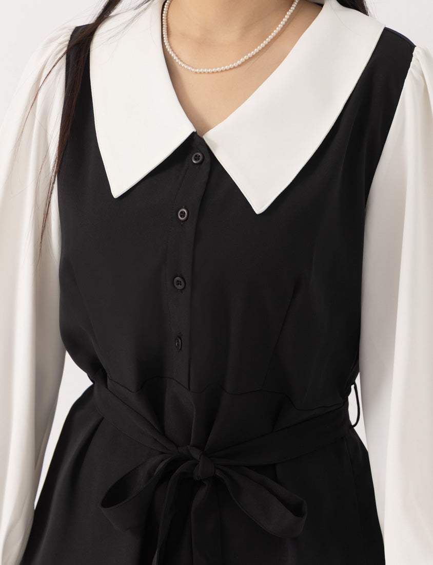 MISS. Faux Two Piece Chiffon Plus Size Long Sleeve Dress (With Waist Tie)