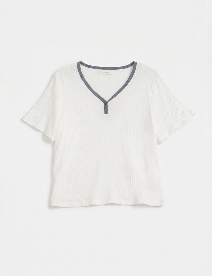 Simple V-Neck Contrast Ribbed Plus Size Tee