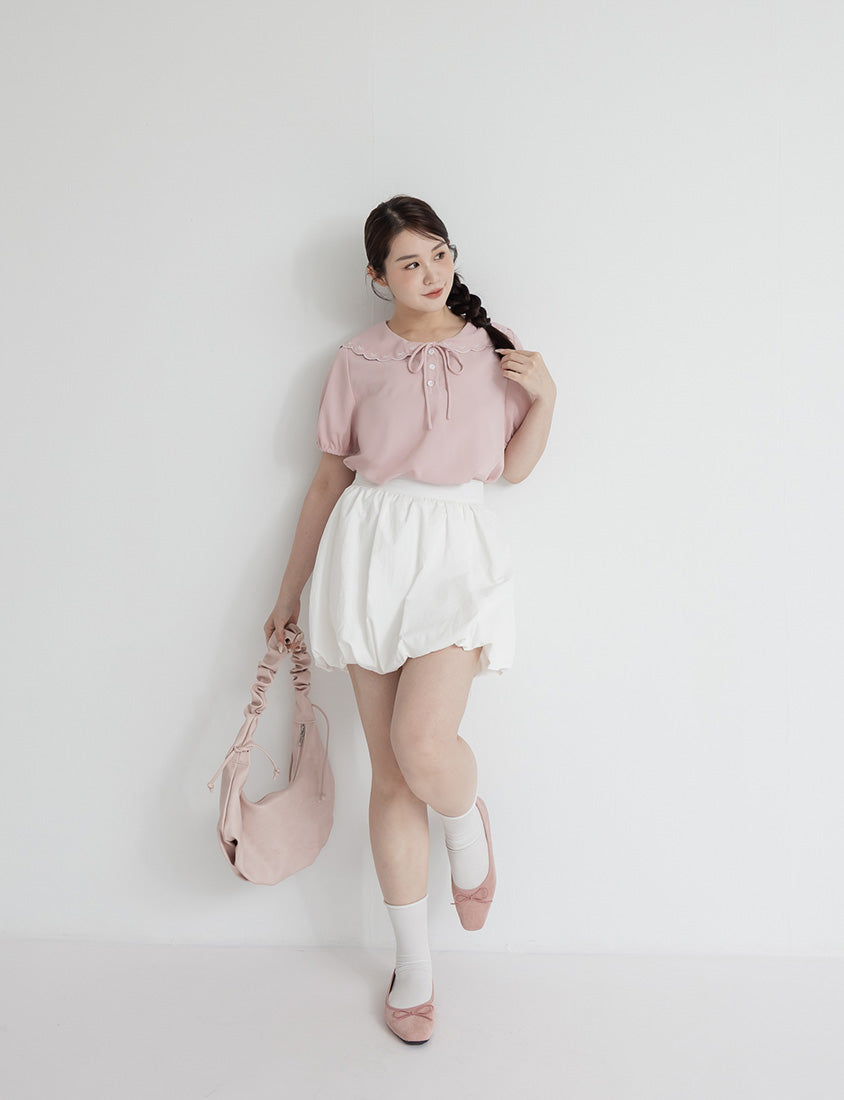 Cute Bow Embroidered Collared Plus Size Top