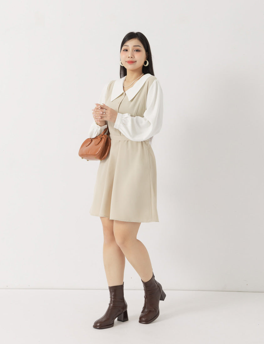 MISS. Faux Two Piece Chiffon Plus Size Long Sleeve Dress (With Waist Tie)