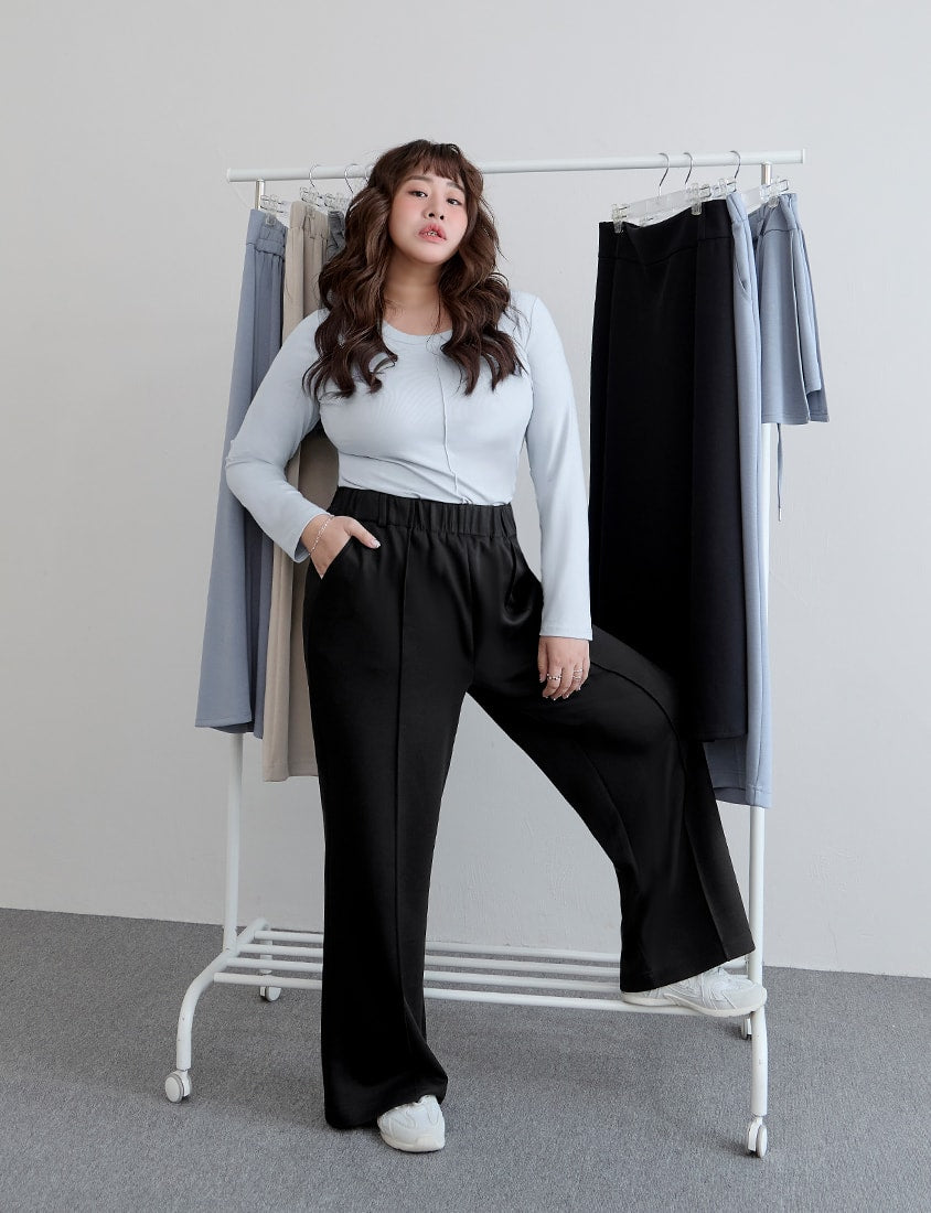 Crewneck 3D Pleated Plus Size Long Sleeve Tee