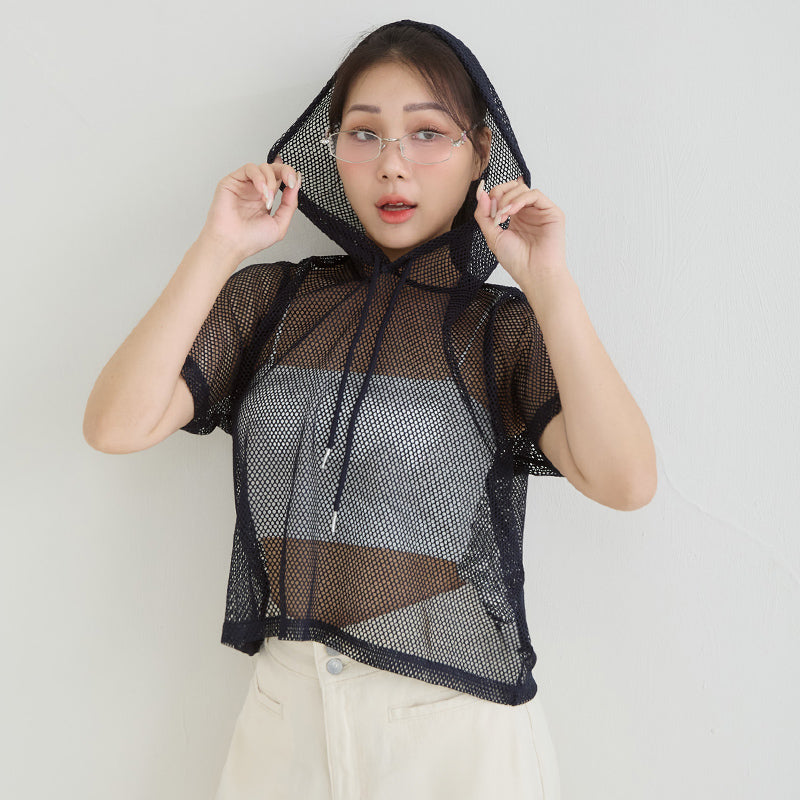 Casual Sporty Mesh Hooded Plus Size Top