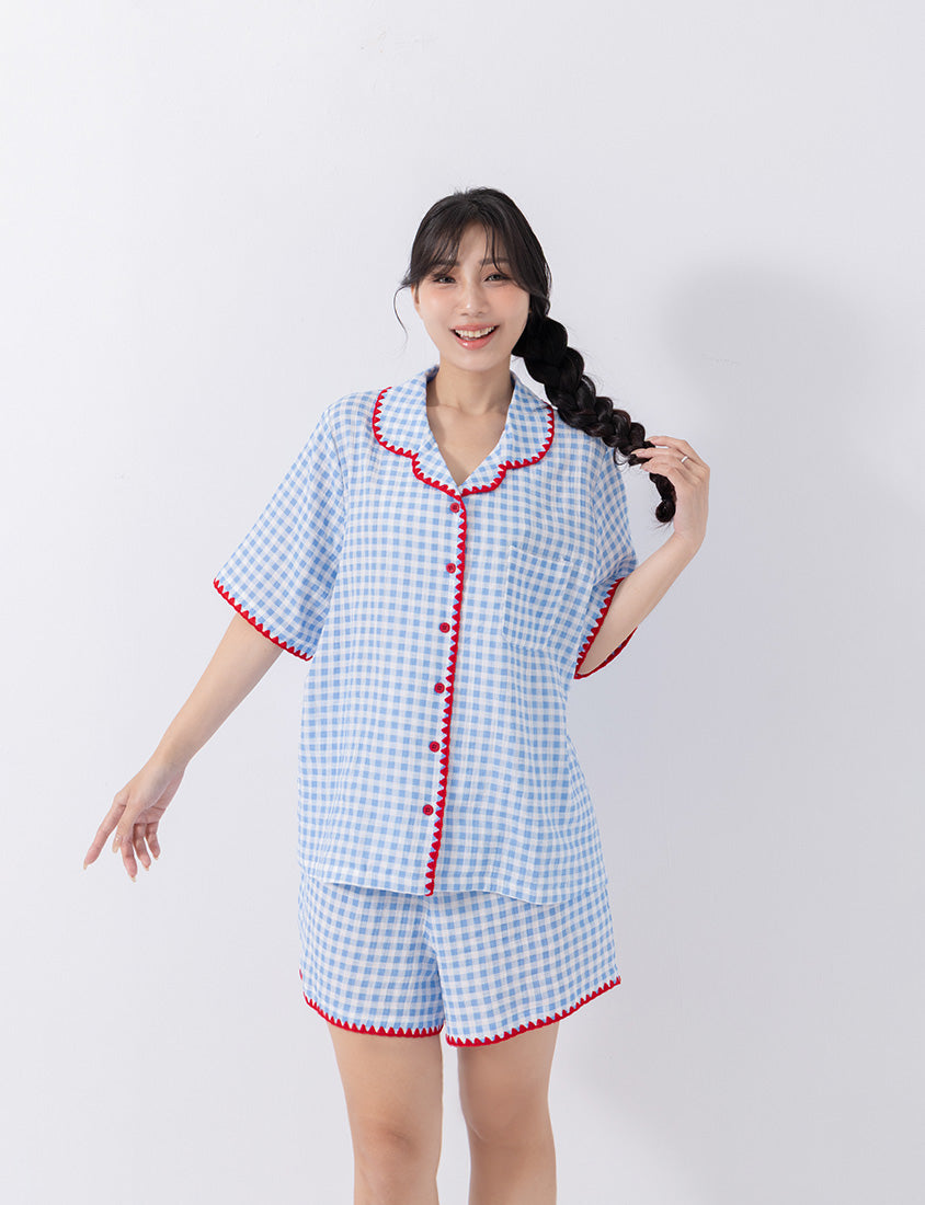 Skin-Friendly Gingham Contrast Frill Casual Plus Size Shirt