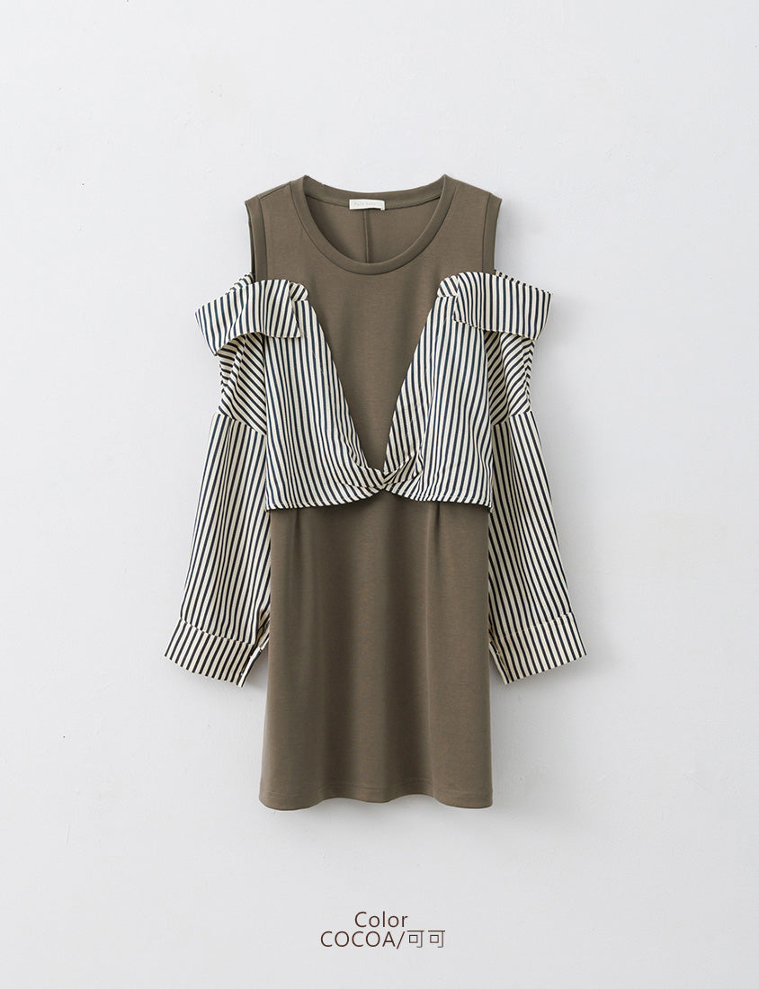 Faux Two Piece Cloud Cotton Contrast Stripe Plus Size Dress