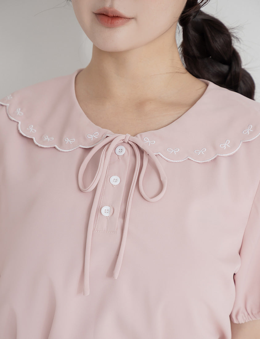 Cute Bow Embroidered Collared Plus Size Top