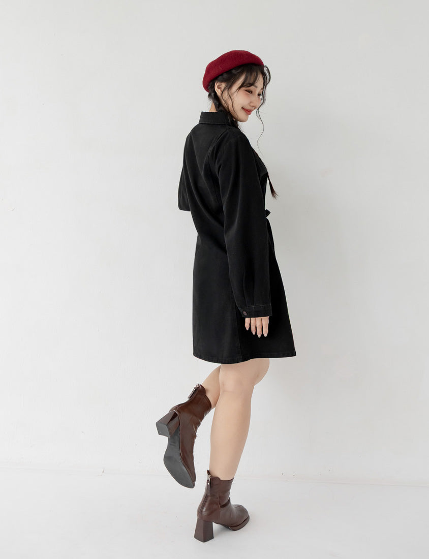 Denim Long Sleeve Tie-Front A-Line Plus Size Mini Dress