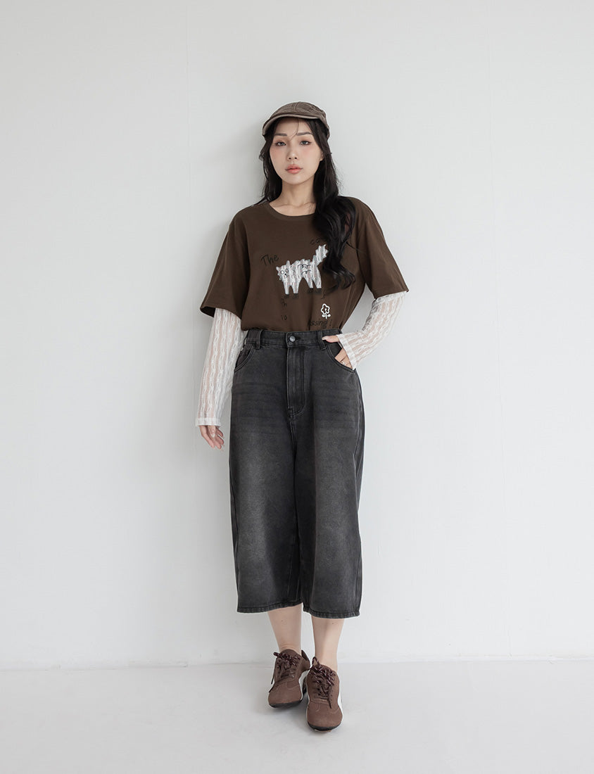 Contrast Lace Cat Faux Two-Piece Plus Size Tee