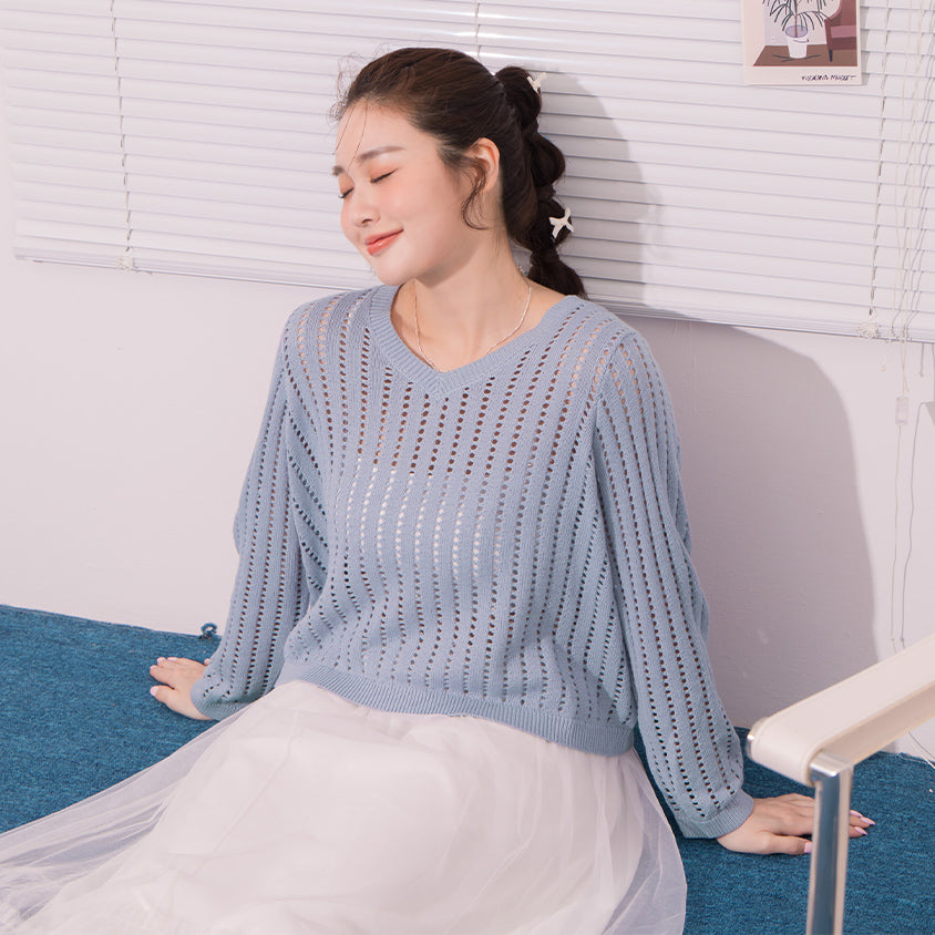 V-Neck Openwork Ribbed Knit Long Sleeve Plus Size Top