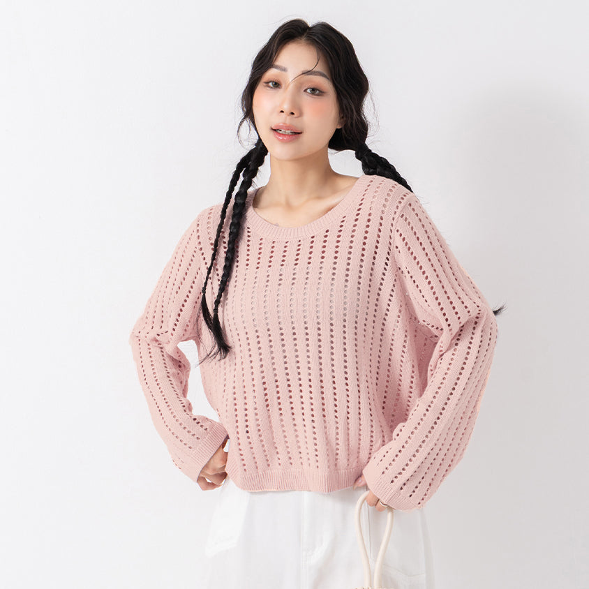 Crew Neck Openwork Ribbed Knit Long Sleeve Plus Size Top