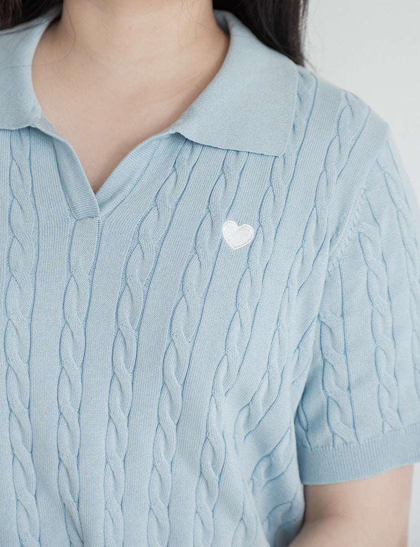 Heart Embroidered V-Neck Cable Knit Short Sleeve Plus Size Top