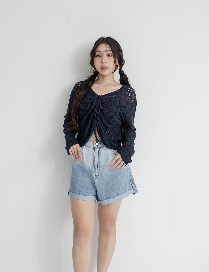 MUA! Lace Openwork Drawstring Knit Plus Size Top