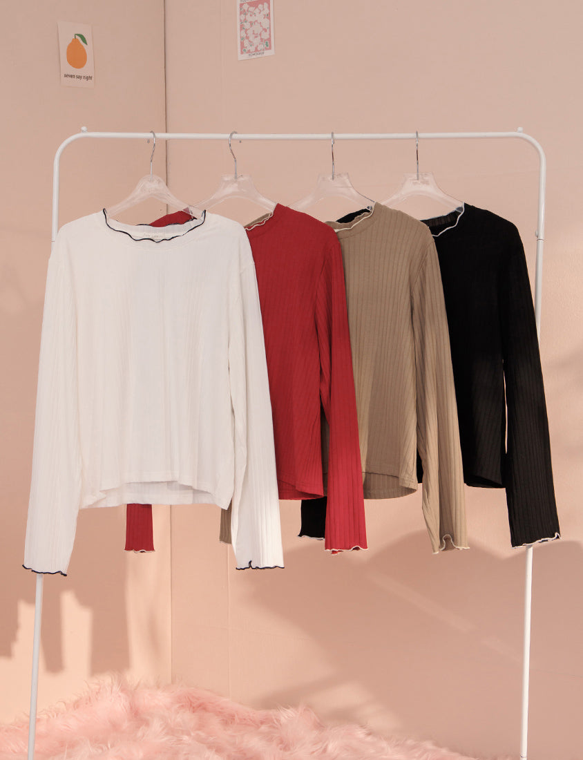 Soft Wide Ribbed Ruffle-Trim Long Sleeve Plus Size Top