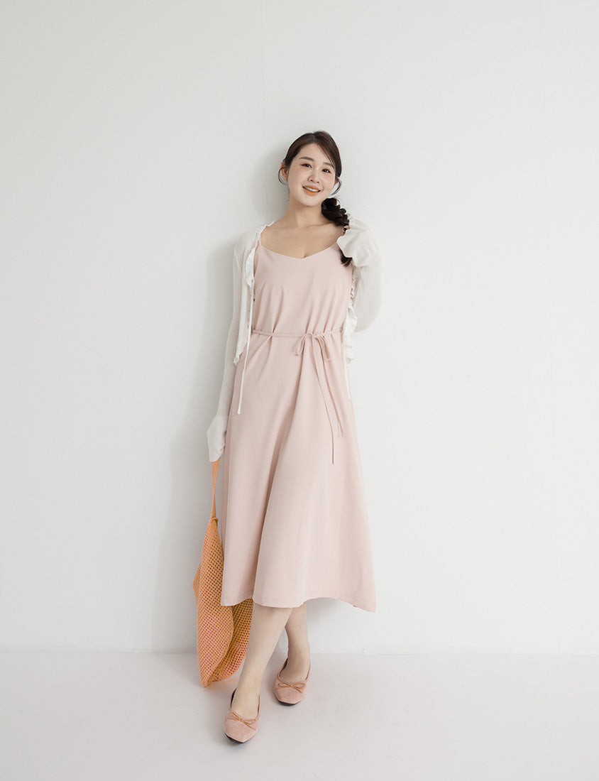 Wrinkle-Resistant A-Line  Plus Size Cami Maxi Dress (With Waist Tie)