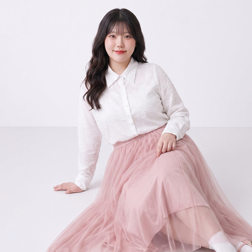 MISS. Japanese-Inspired Lace Sheer Jacquard Plus Size Shirt