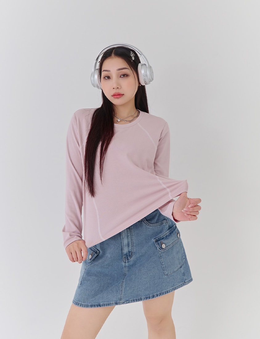 Round Neck Colorblock Topstitch Plus Size Slim Fit Top