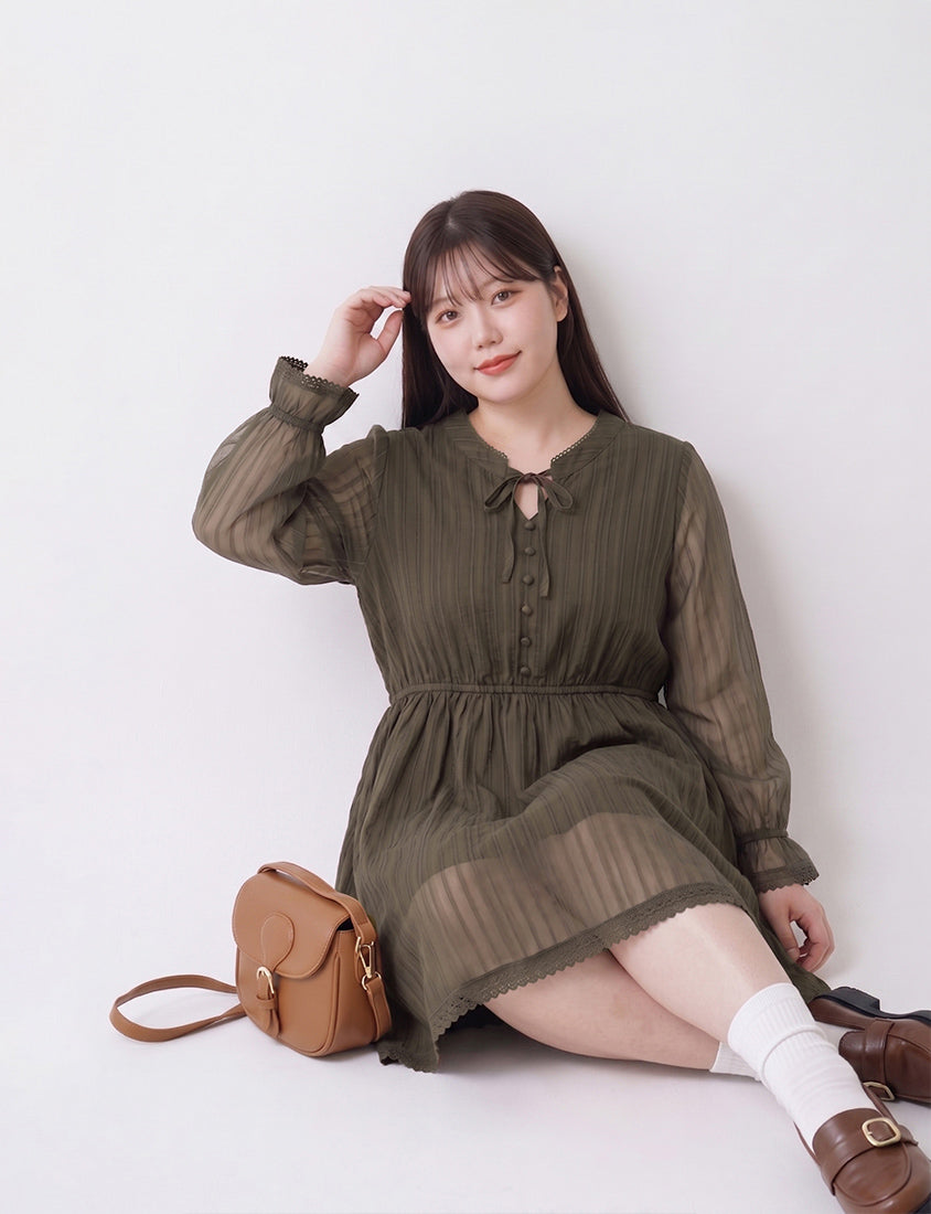 Vintage Lace Cinched Waist Plus Size Mini Dress