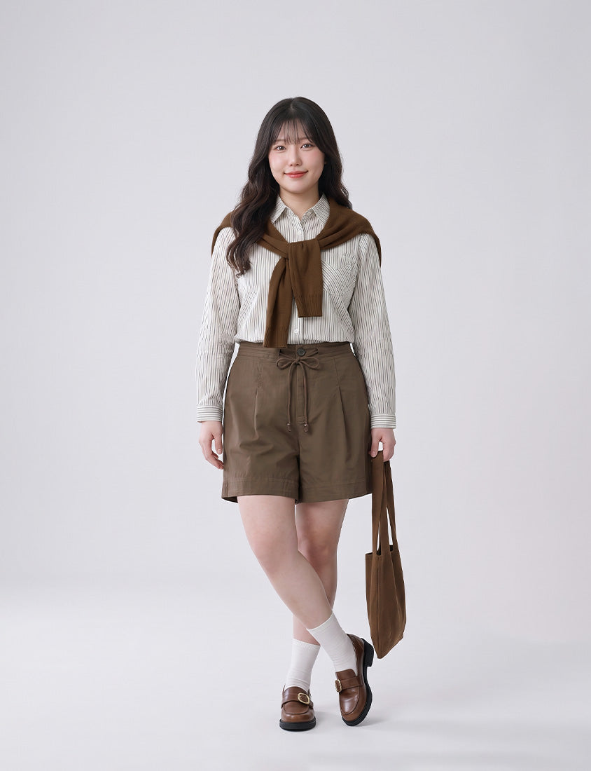 Contrast Stripe Long Sleeve Plus Size Shirt (With Shawl)