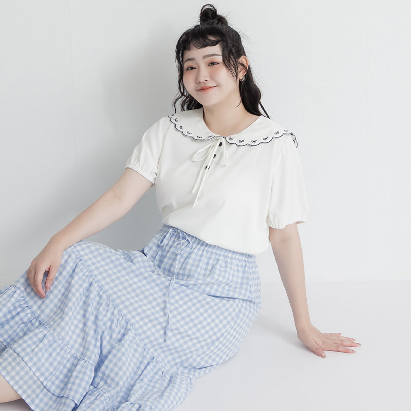 Cute Bow Embroidered Collared Plus Size Top