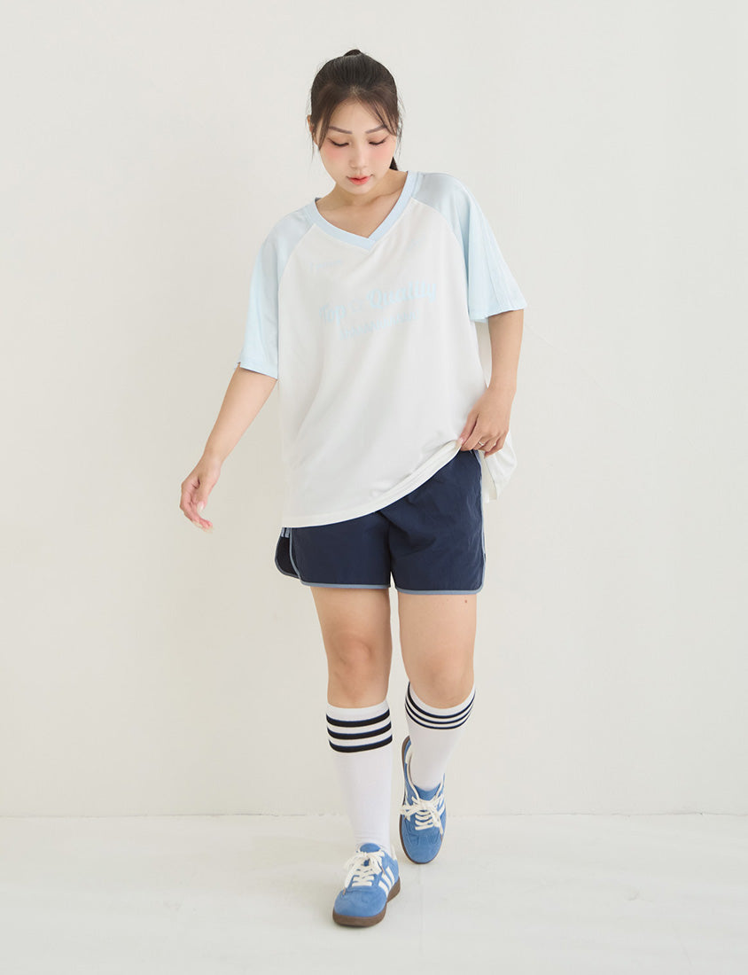American Style Contrast V-Neck Oversized Jersey Plus Size Tee