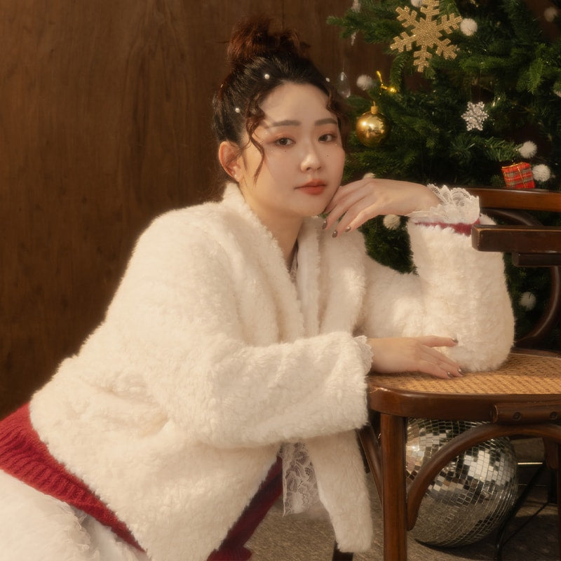 MISS. Japanese Style V-Neck Curly Knit Plus Size Cropped Jacket