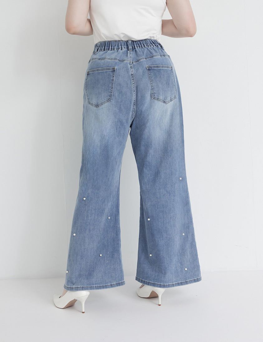 Pearl Embellished Stretch Denim Plus Size Wide Leg Pants