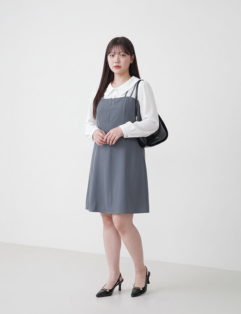 MISS. Smart Collared Faux Two-Piece Strap Plus Size Mini Dress