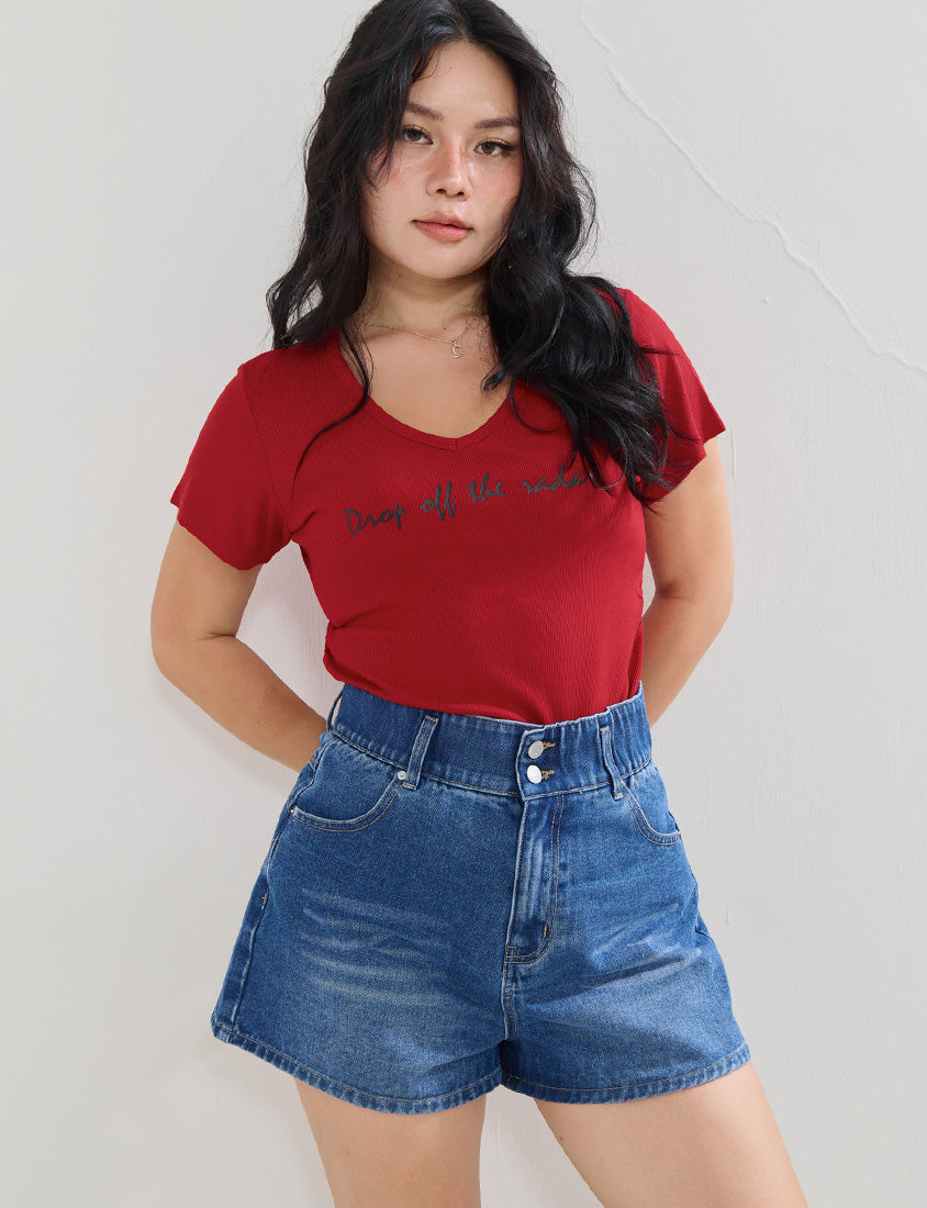 MUA! V-Neck Printed Ribbed Plus Size Top