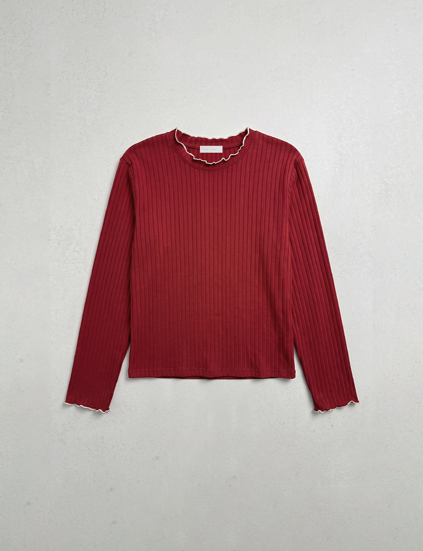 Soft Wide Ribbed Ruffle-Trim Long Sleeve Plus Size Top